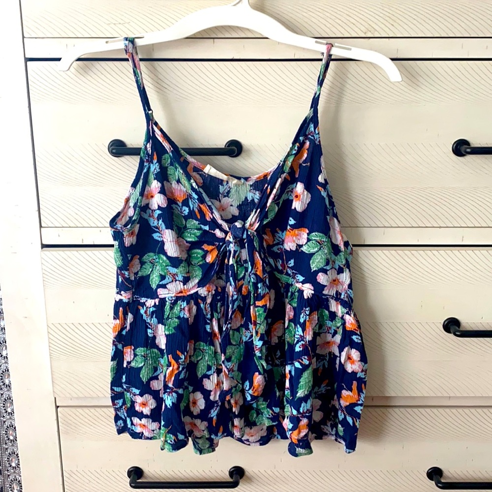 Navy blue floral tie in front spaghetti strap